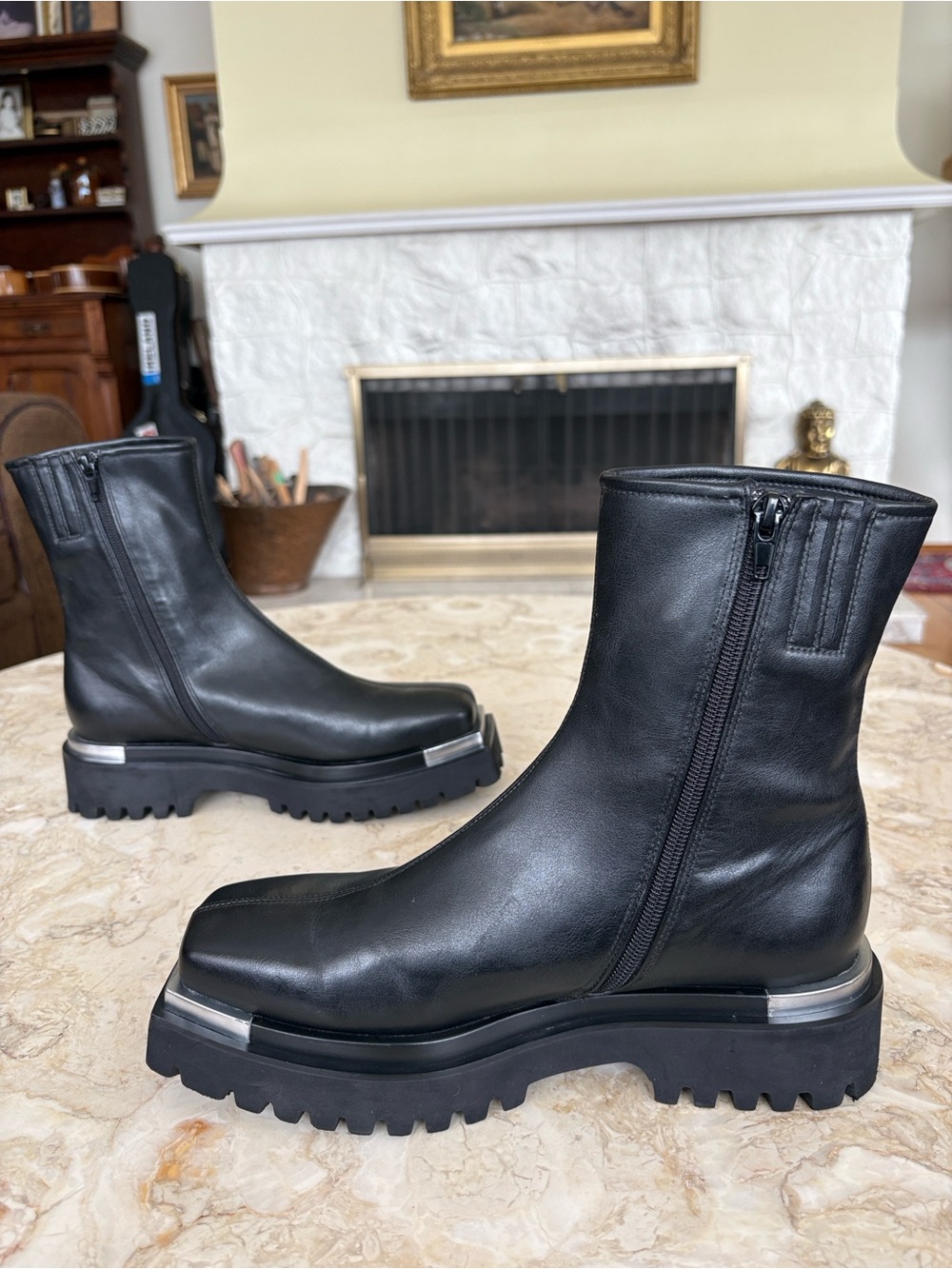 B2 “Devout” Black Leather Combat Boot Square Toe Silver Metal Tip Platform Boots - Picture 7 of 14